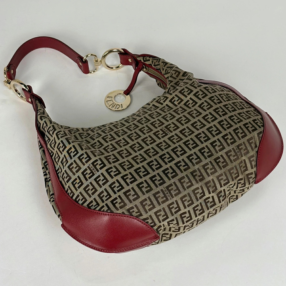 Fendi Canvas Bag Hobo Beige Shoulder Red Zucchino